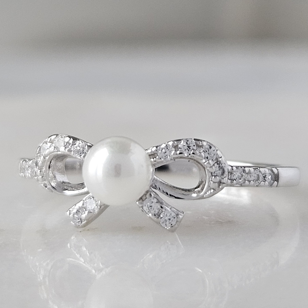 Dainty Pearl Bow Ring, 925 Sterling Silver Charmed Aroma